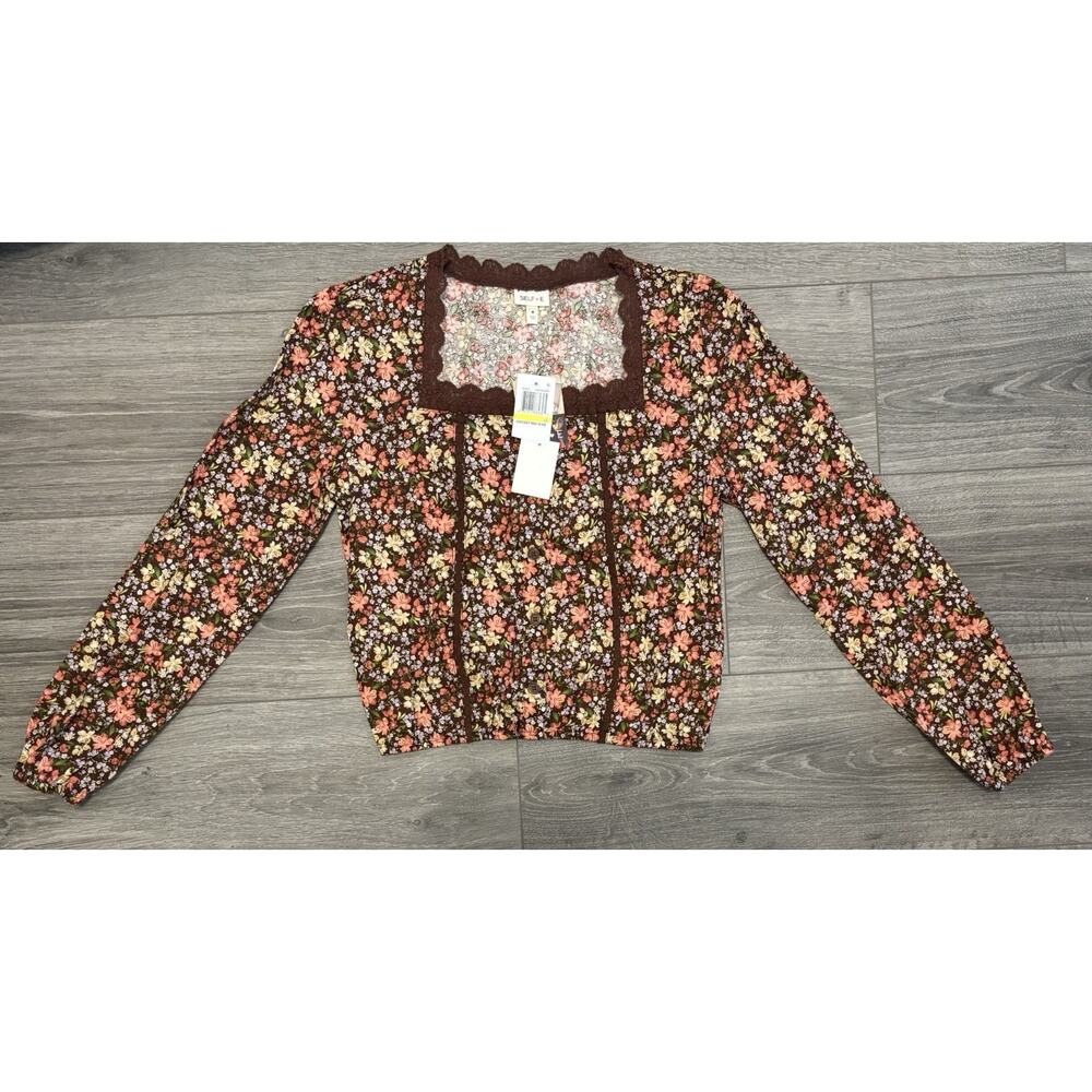 Self Esteem Floral Blouse Long Sleeve Lace Trim Square Neck Button Front‎ M